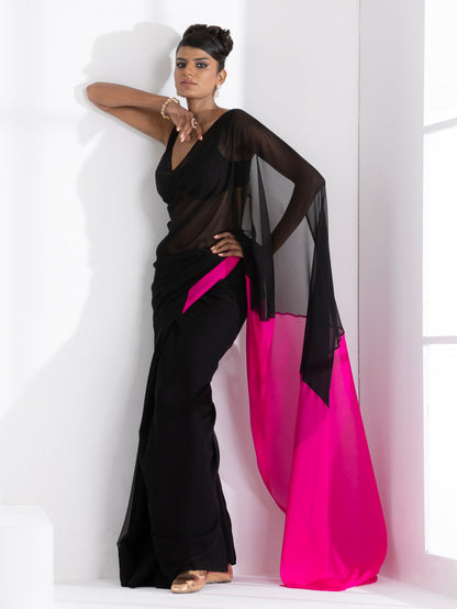 Dhiyona ST Black & Fuchsia Triangle Georgette Saree with Posh Black Blouse Fabric