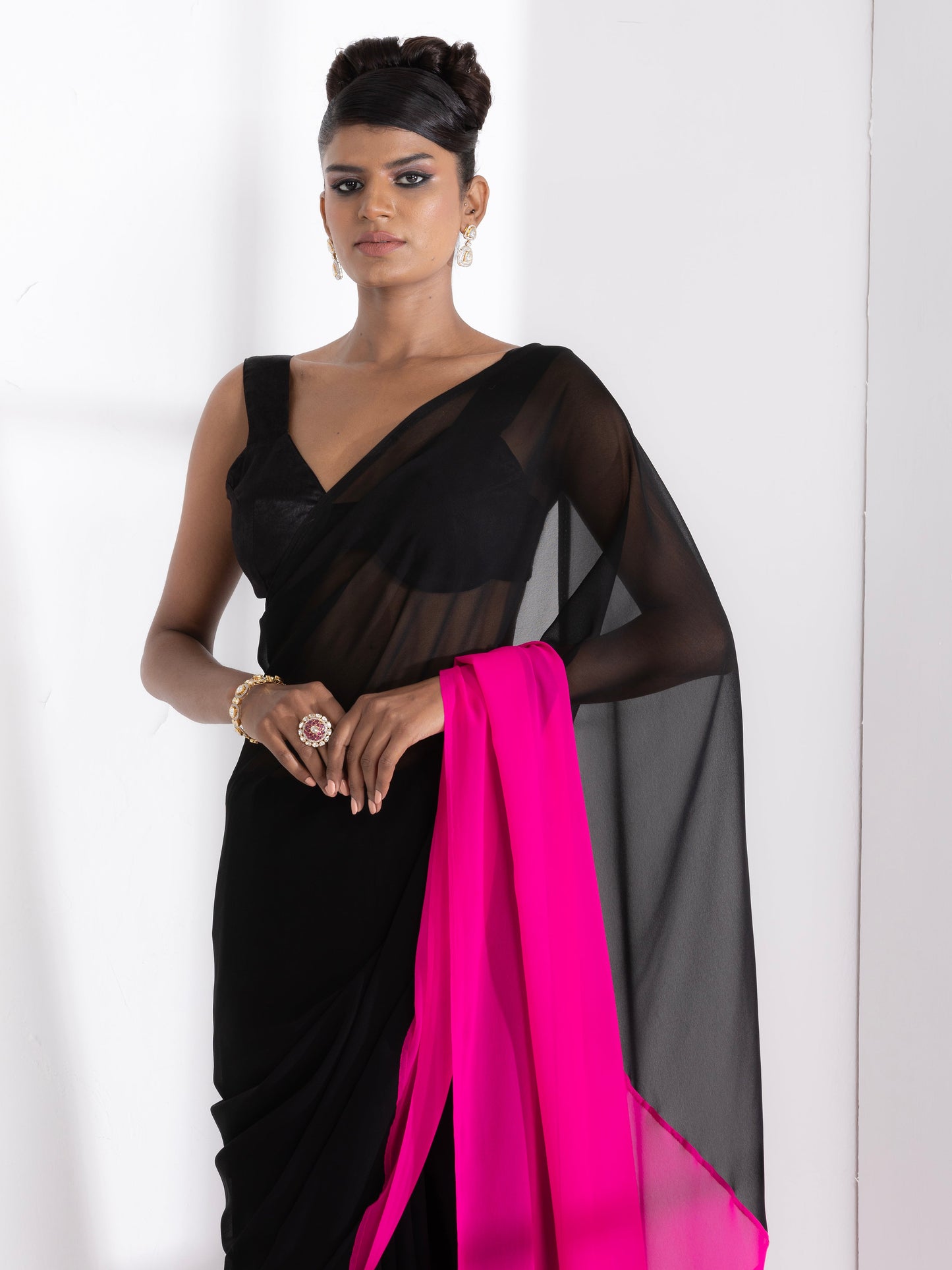 Dhiyona ST Black & Fuchsia Triangle Georgette Saree with Posh Black Blouse Fabric