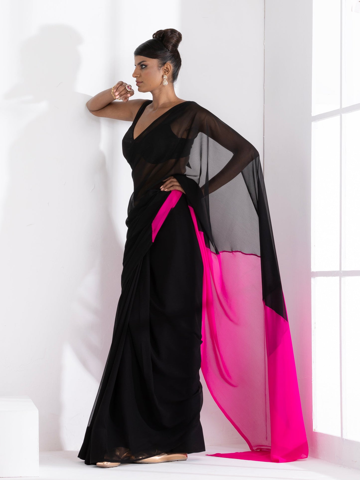 Dhiyona ST Black & Fuchsia Triangle Georgette Saree with Posh Black Blouse Fabric