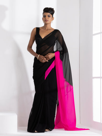 Dhiyona ST Black & Fuchsia Triangle Georgette Saree with Posh Black Blouse Fabric