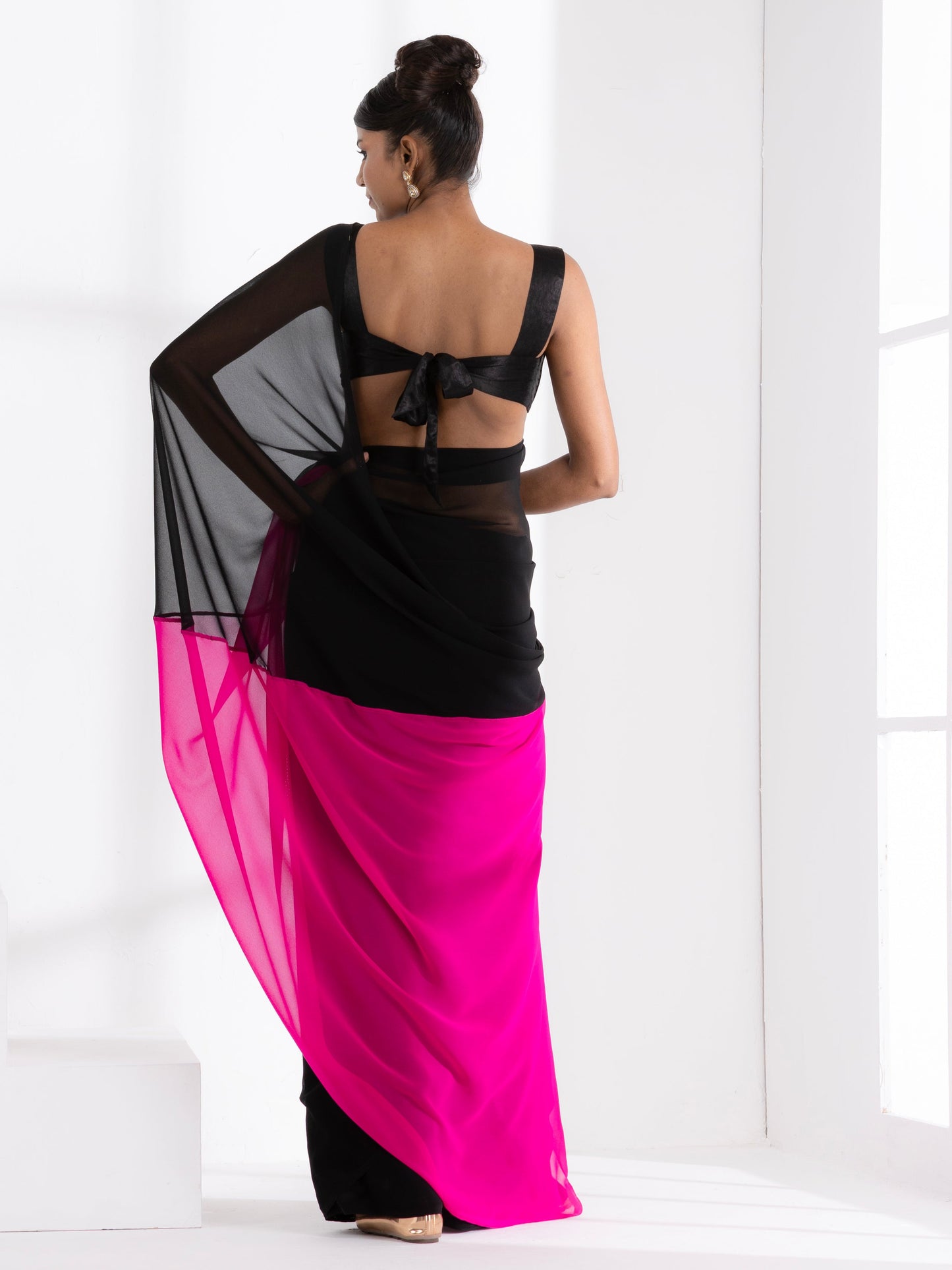Dhiyona ST Black & Fuchsia Triangle Georgette Saree with Posh Black Blouse Fabric
