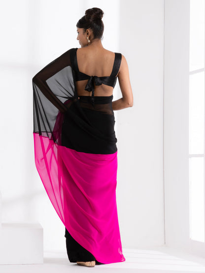 Dhiyona ST Black & Fuchsia Triangle Georgette Saree with Posh Black Blouse Fabric