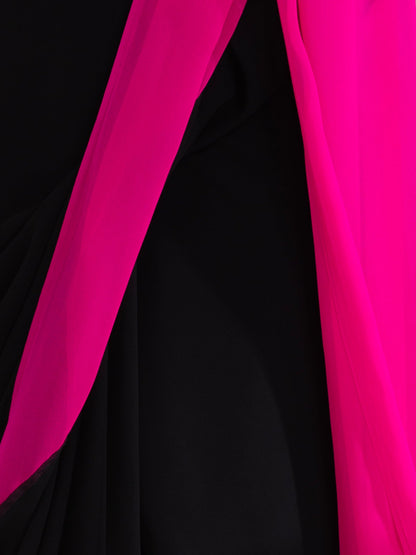 Dhiyona ST Black & Fuchsia Triangle Georgette Saree with Posh Black Blouse Fabric
