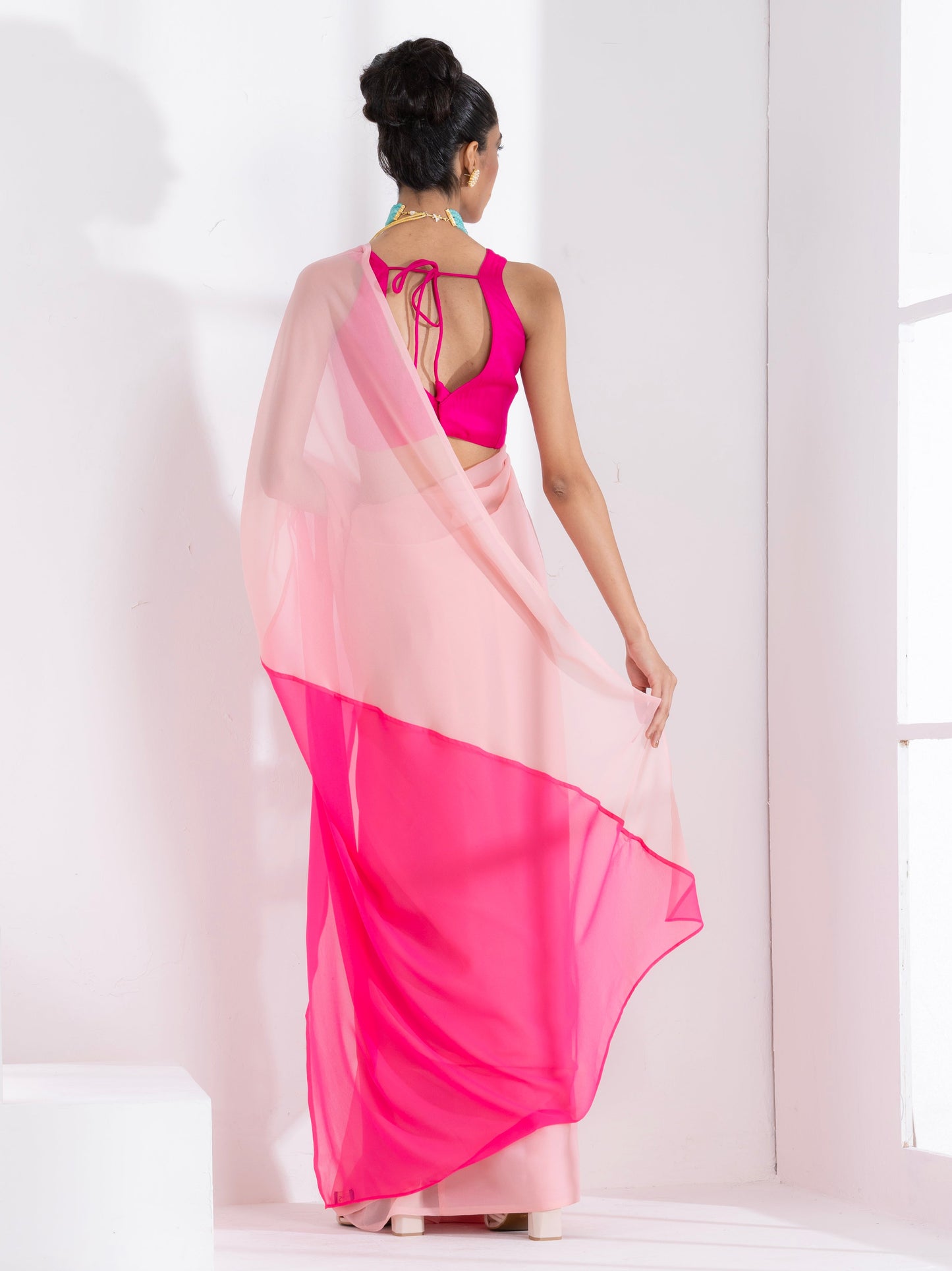 Dhiyona ST Sundown Blush & Pink Triangle Georgette Saree with Fuchsia Blouse Fabric