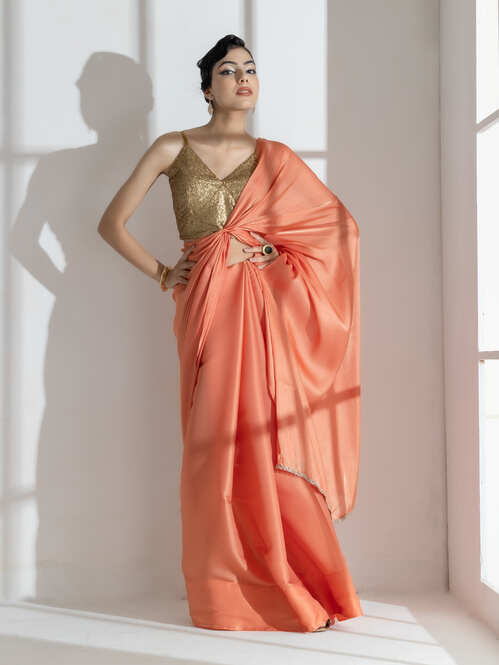 Dhiyona ST Glaze Silky Organza Saree with Rainbow Lace and Self Blouse Fabric