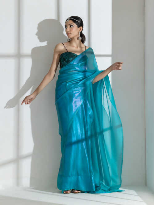Dhiyona ST Teal with Pink Shine Organza Net Saree and Blue Sequin Blouse Fabric