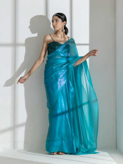 Dhiyona ST Teal with Pink Shine Organza Net Saree and Blue Sequin Blouse Fabric