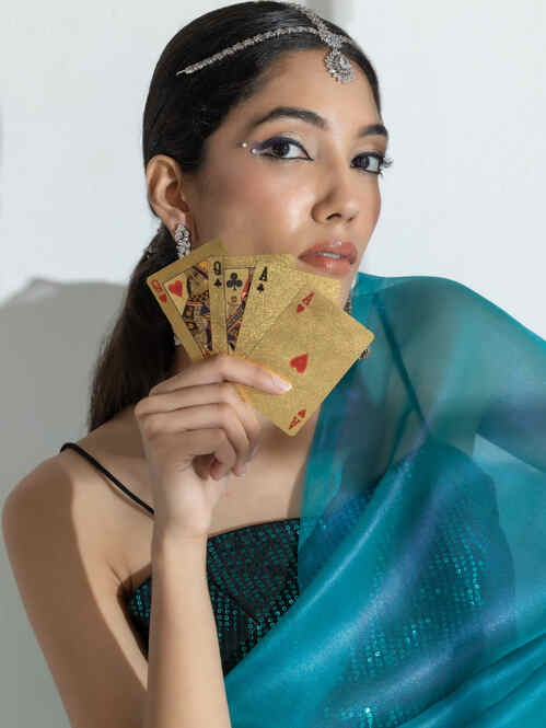 Dhiyona ST Teal with Pink Shine Organza Net Saree and Blue Sequin Blouse Fabric