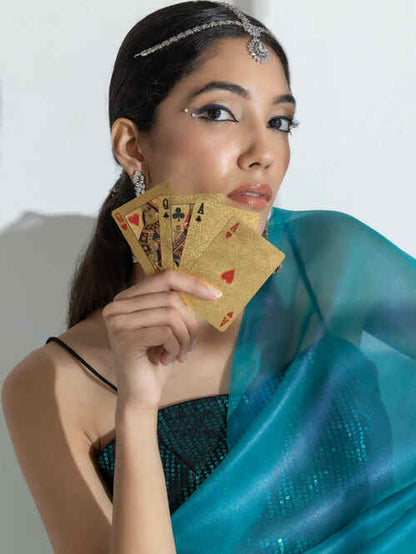 Dhiyona ST Teal with Pink Shine Organza Net Saree and Blue Sequin Blouse Fabric