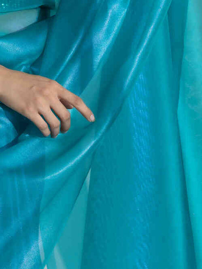 Dhiyona ST Teal with Pink Shine Organza Net Saree and Blue Sequin Blouse Fabric