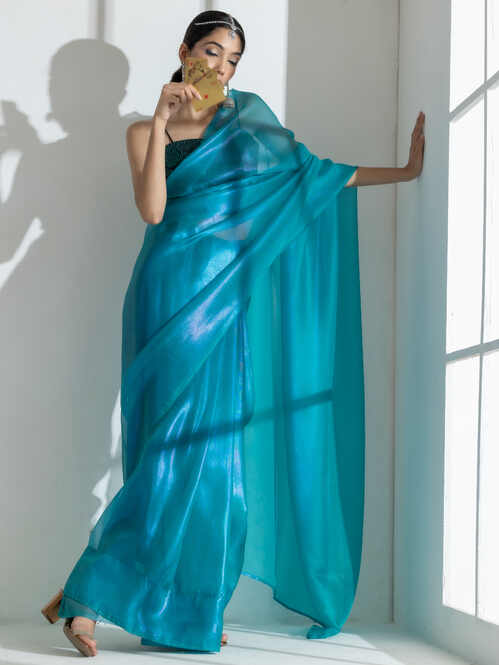Dhiyona ST Teal with Pink Shine Organza Net Saree and Blue Sequin Blouse Fabric