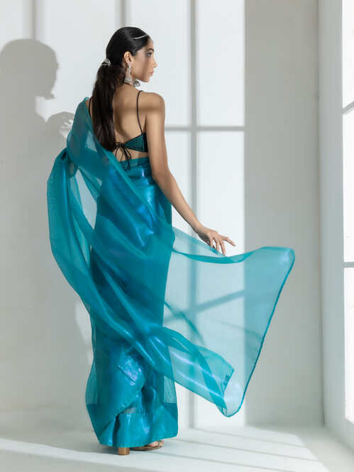 Dhiyona ST Teal with Pink Shine Organza Net Saree and Blue Sequin Blouse Fabric