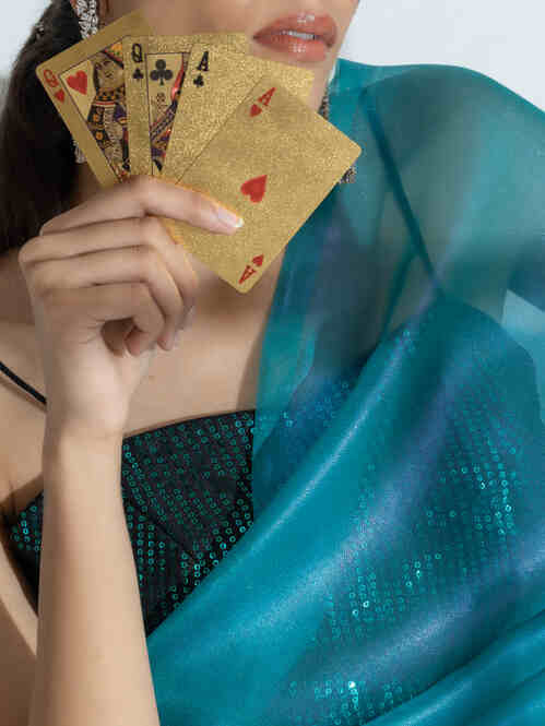 Dhiyona ST Teal with Pink Shine Organza Net Saree and Blue Sequin Blouse Fabric
