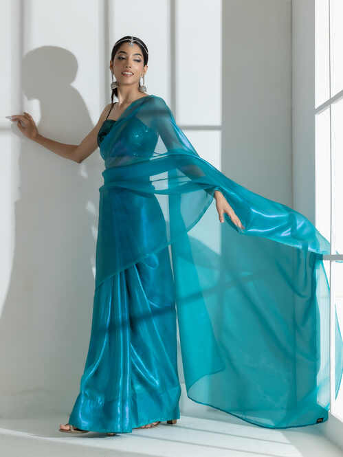 Dhiyona ST Teal with Pink Shine Organza Net Saree and Blue Sequin Blouse Fabric