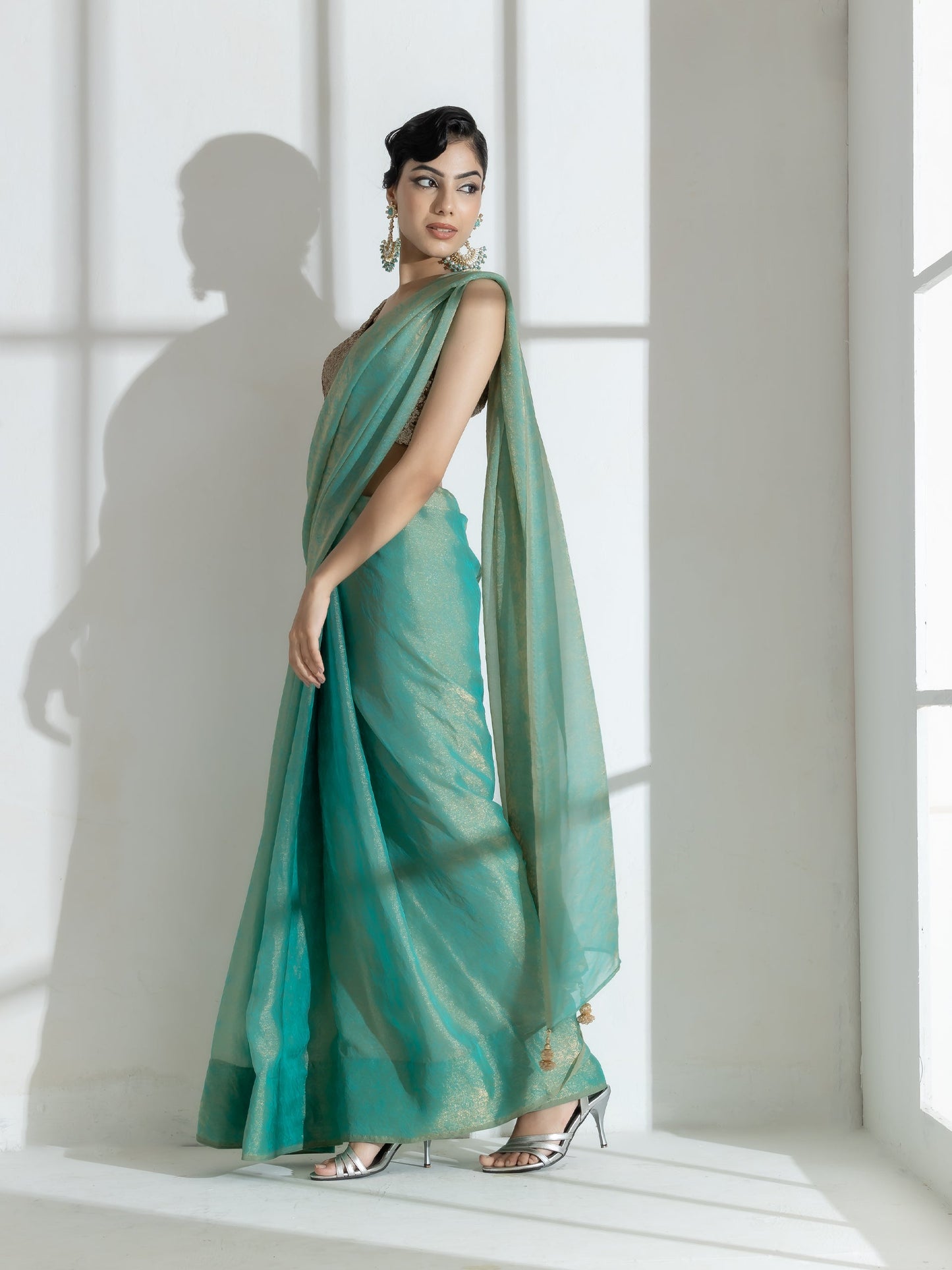 Dhiyona ST Paris Green Paisley Gold Design Chiffon Saree with Beaded Latkan