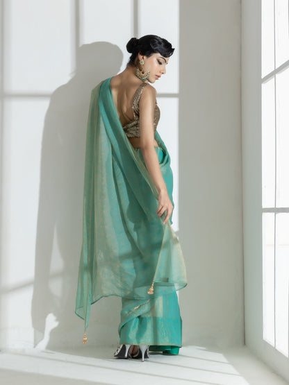 Dhiyona ST Paris Green Paisley Gold Design Chiffon Saree with Beaded Latkan