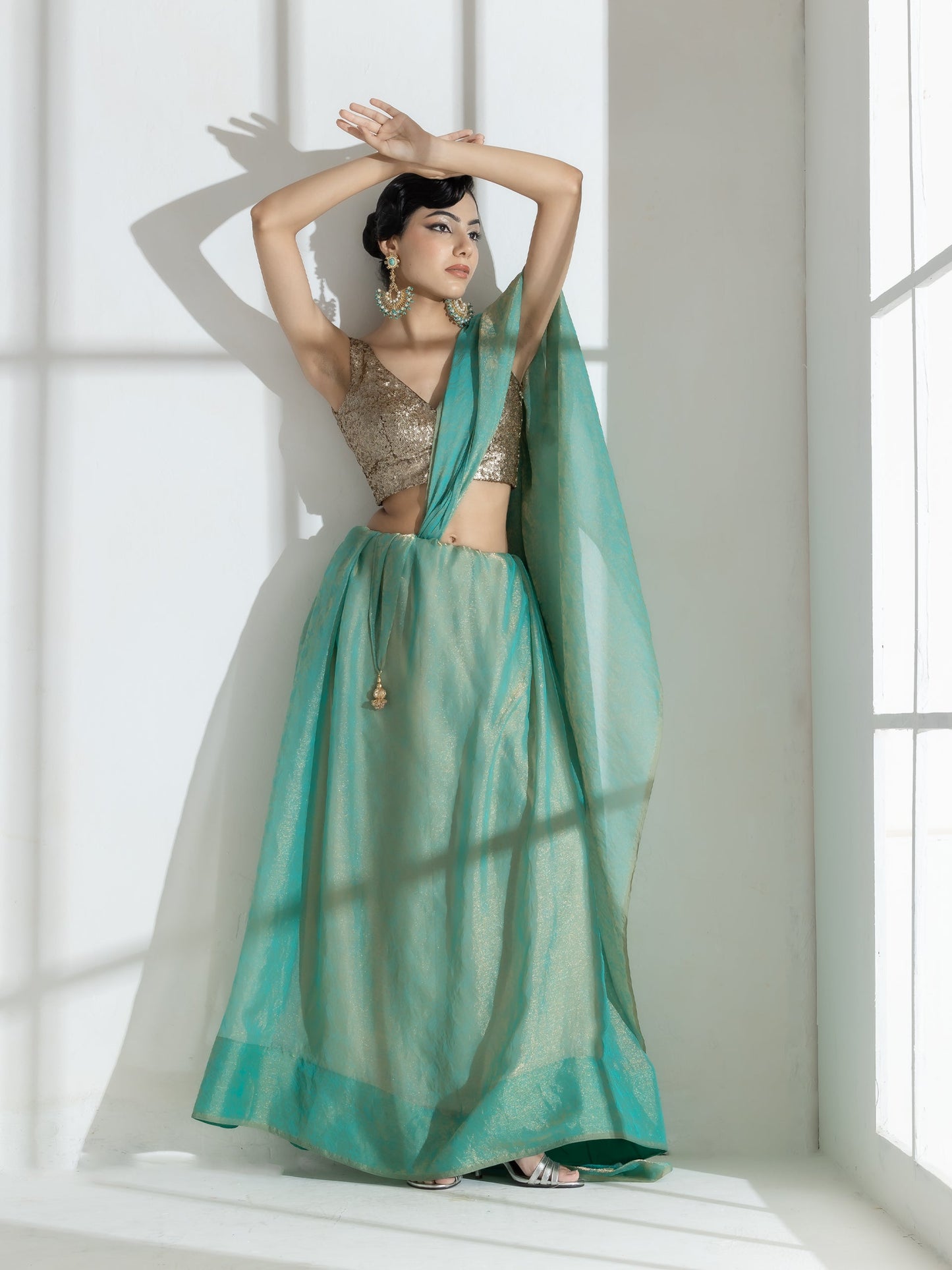 Dhiyona ST Paris Green Paisley Gold Design Chiffon Saree with Beaded Latkan