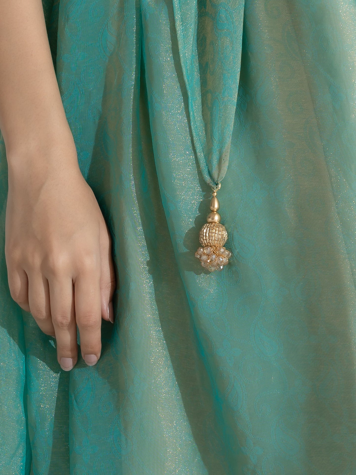 Dhiyona ST Paris Green Paisley Gold Design Chiffon Saree with Beaded Latkan
