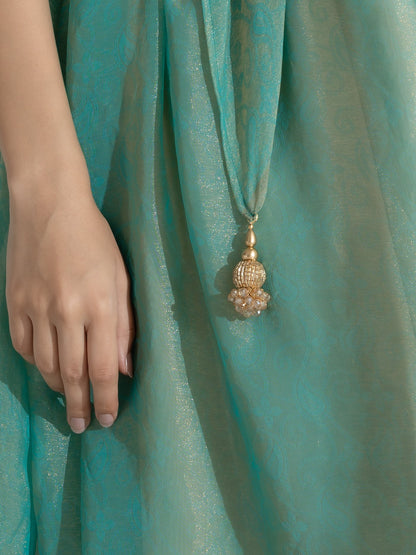 Dhiyona ST Paris Green Paisley Gold Design Chiffon Saree with Beaded Latkan