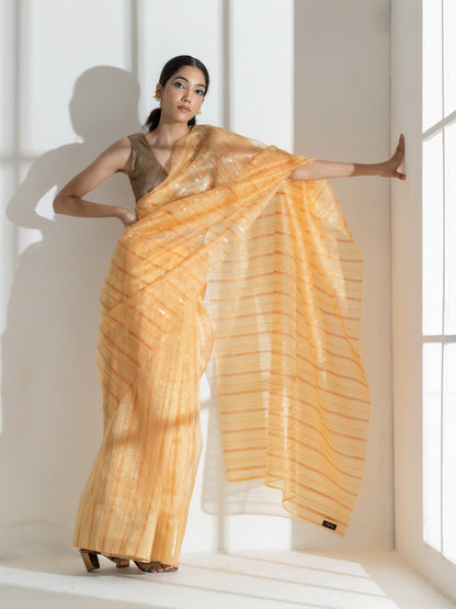 Dhiyona ST Sun Glow Yellow Organza Saree with Rosegold Stripes