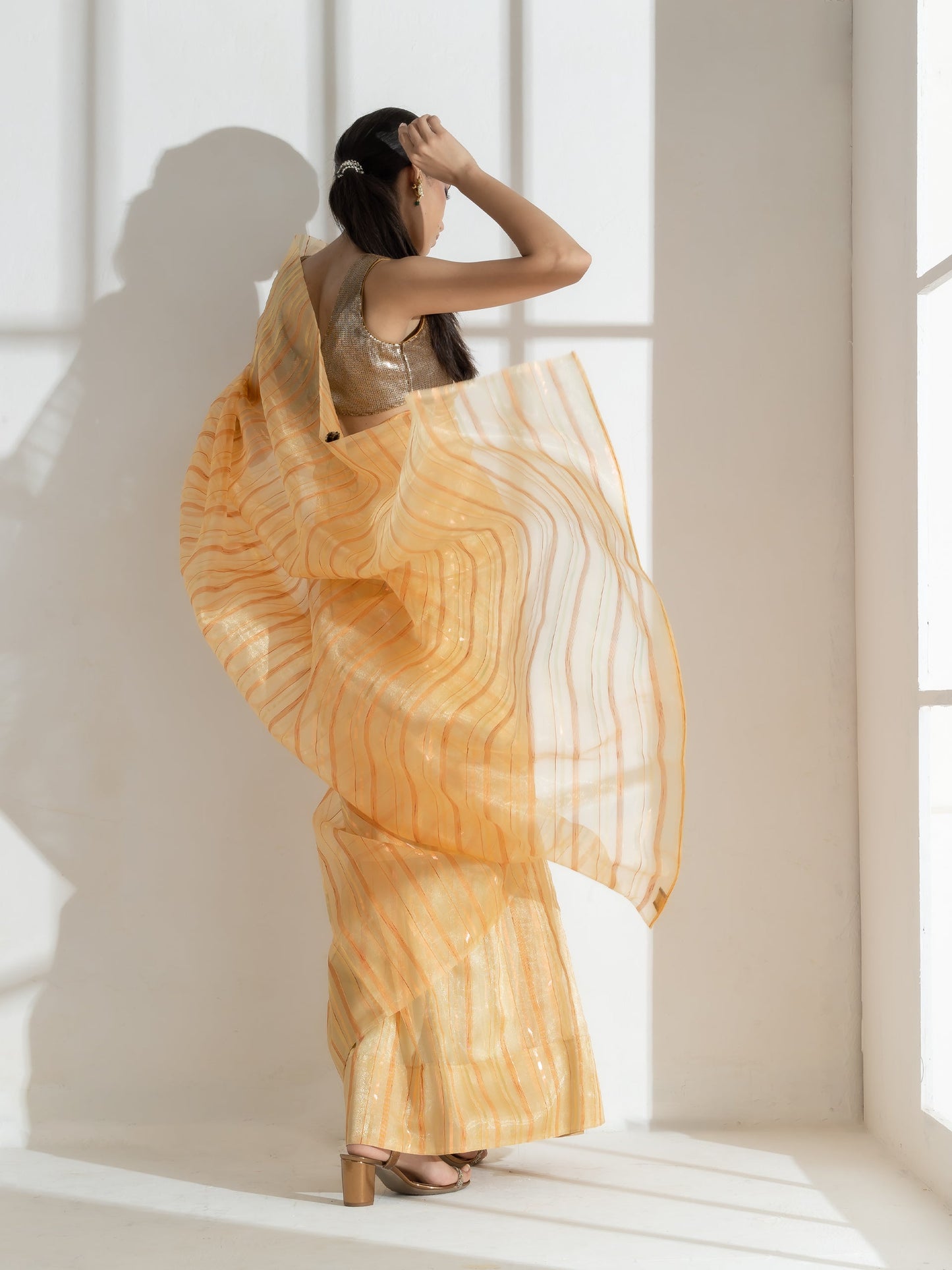 Dhiyona ST Sun Glow Yellow Organza Saree with Rosegold Stripes