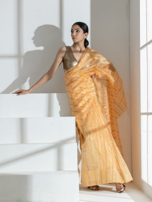 Dhiyona ST Sun Glow Yellow Organza Saree with Rosegold Stripes