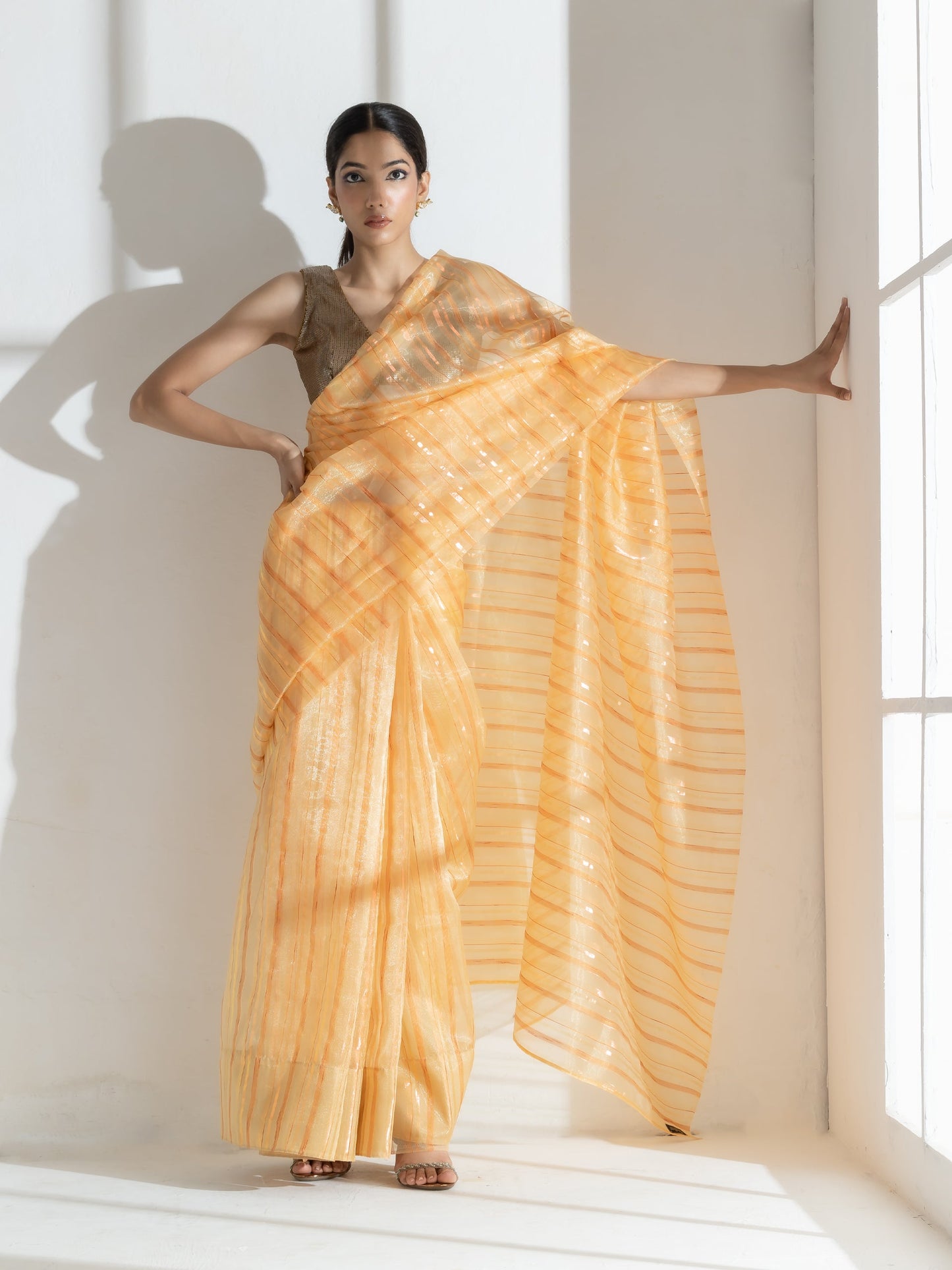 Dhiyona ST Sun Glow Yellow Organza Saree with Rosegold Stripes