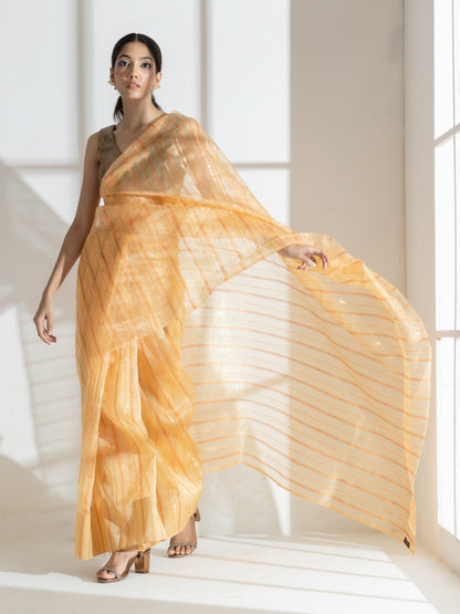 Dhiyona ST Sun Glow Yellow Organza Saree with Rosegold Stripes