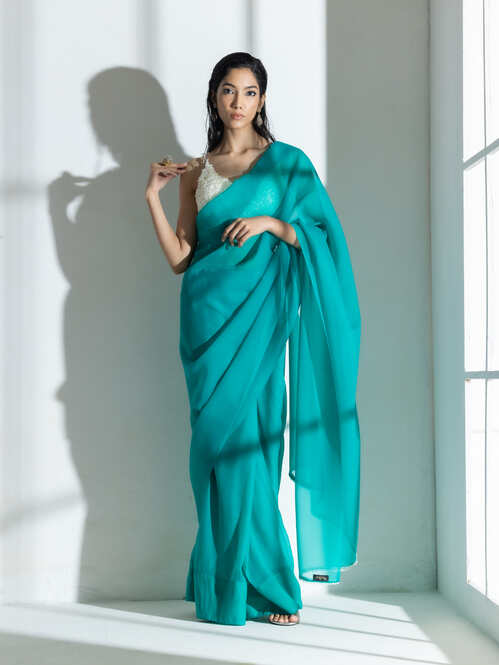 Dhiyona ST Topaz Super Soft Organza Saree with Pearl Leaves