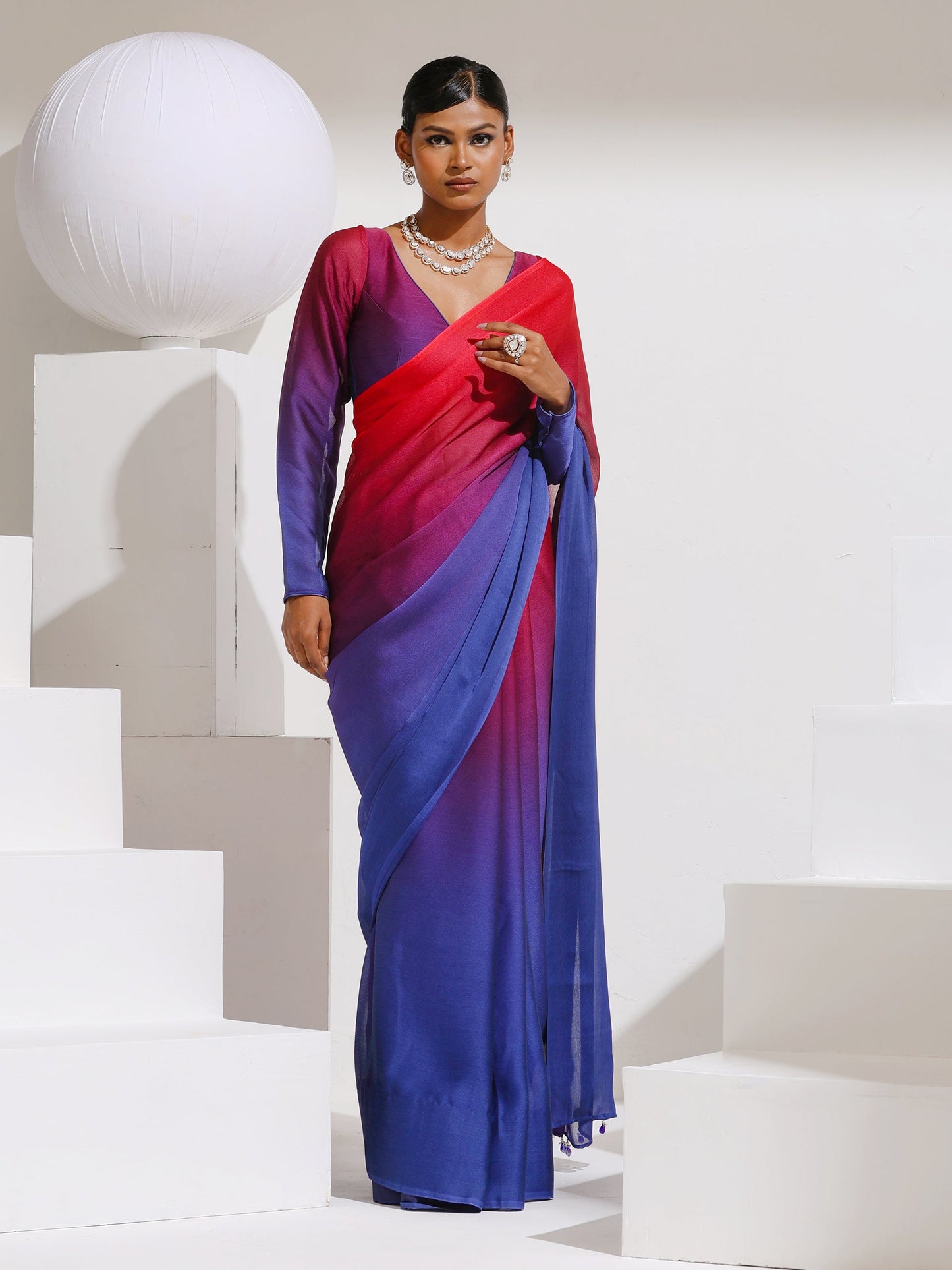 Dhiyona ST Red & Navy Chiffon Ombre Saree with Beads and Self-Blouse Fabric