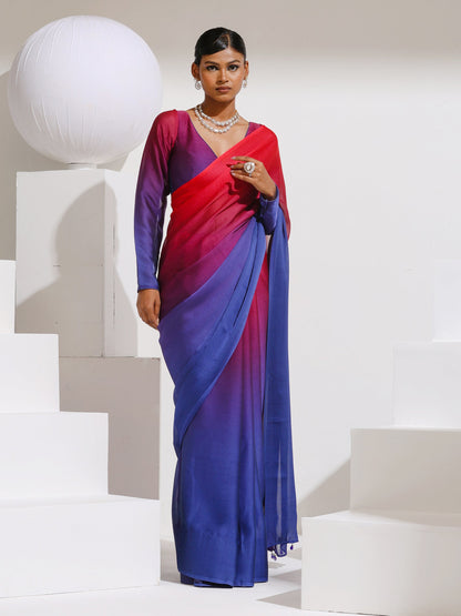 Dhiyona ST Red & Navy Chiffon Ombre Saree with Beads and Self-Blouse Fabric