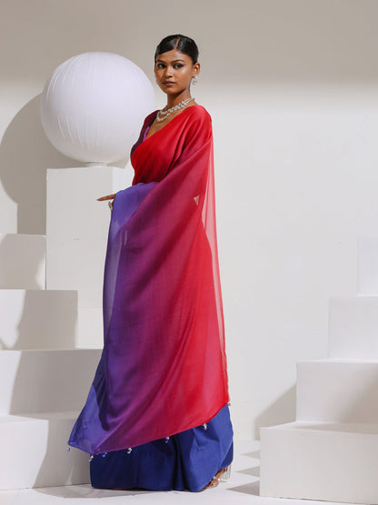 Dhiyona ST Red & Navy Chiffon Ombre Saree with Beads and Self-Blouse Fabric