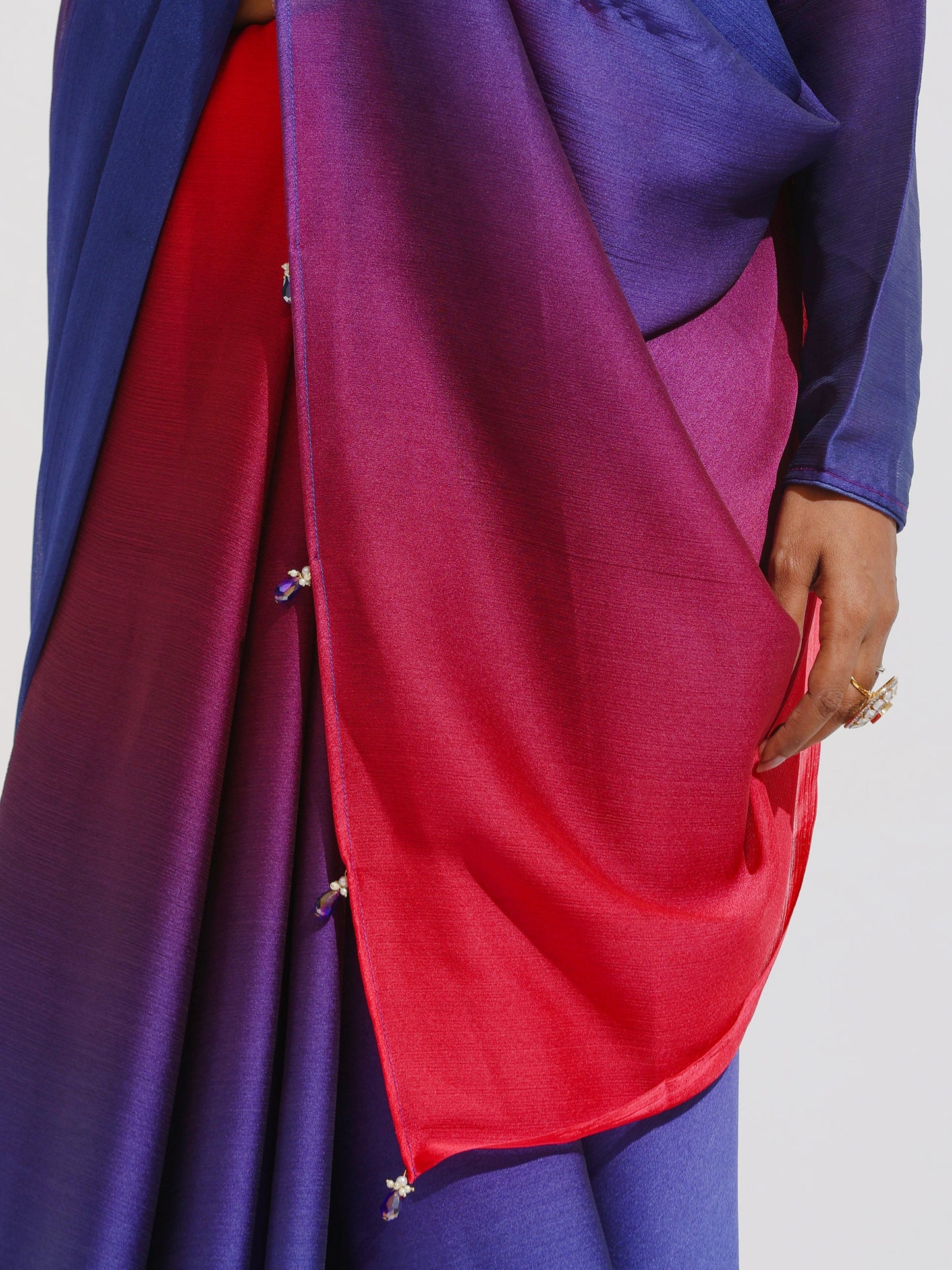 Dhiyona ST Red & Navy Chiffon Ombre Saree with Beads and Self-Blouse Fabric