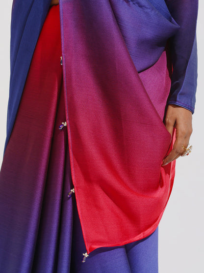 Dhiyona ST Red & Navy Chiffon Ombre Saree with Beads and Self-Blouse Fabric