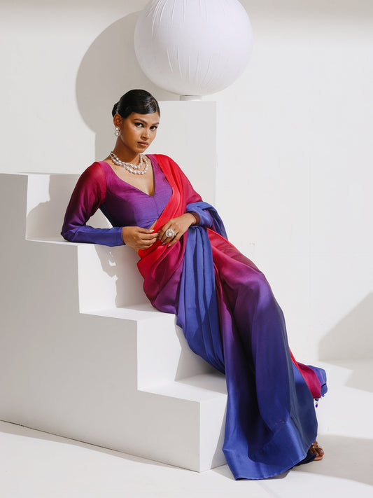 Dhiyona ST Red & Navy Chiffon Ombre Saree with Beads and Self-Blouse Fabric