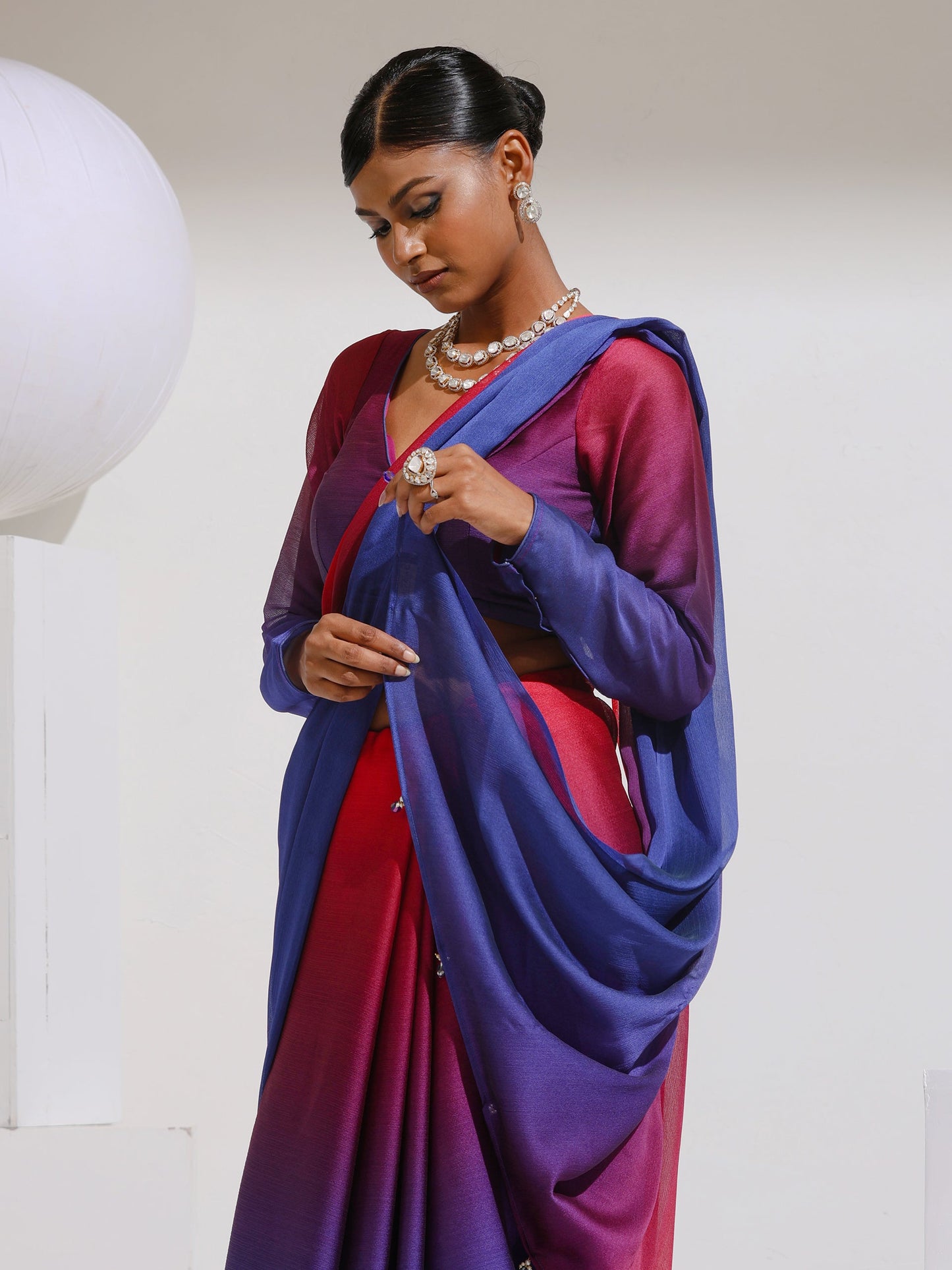 Dhiyona ST Red & Navy Chiffon Ombre Saree with Beads and Self-Blouse Fabric