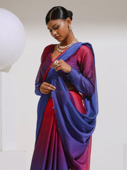 Dhiyona ST Red & Navy Chiffon Ombre Saree with Beads and Self-Blouse Fabric