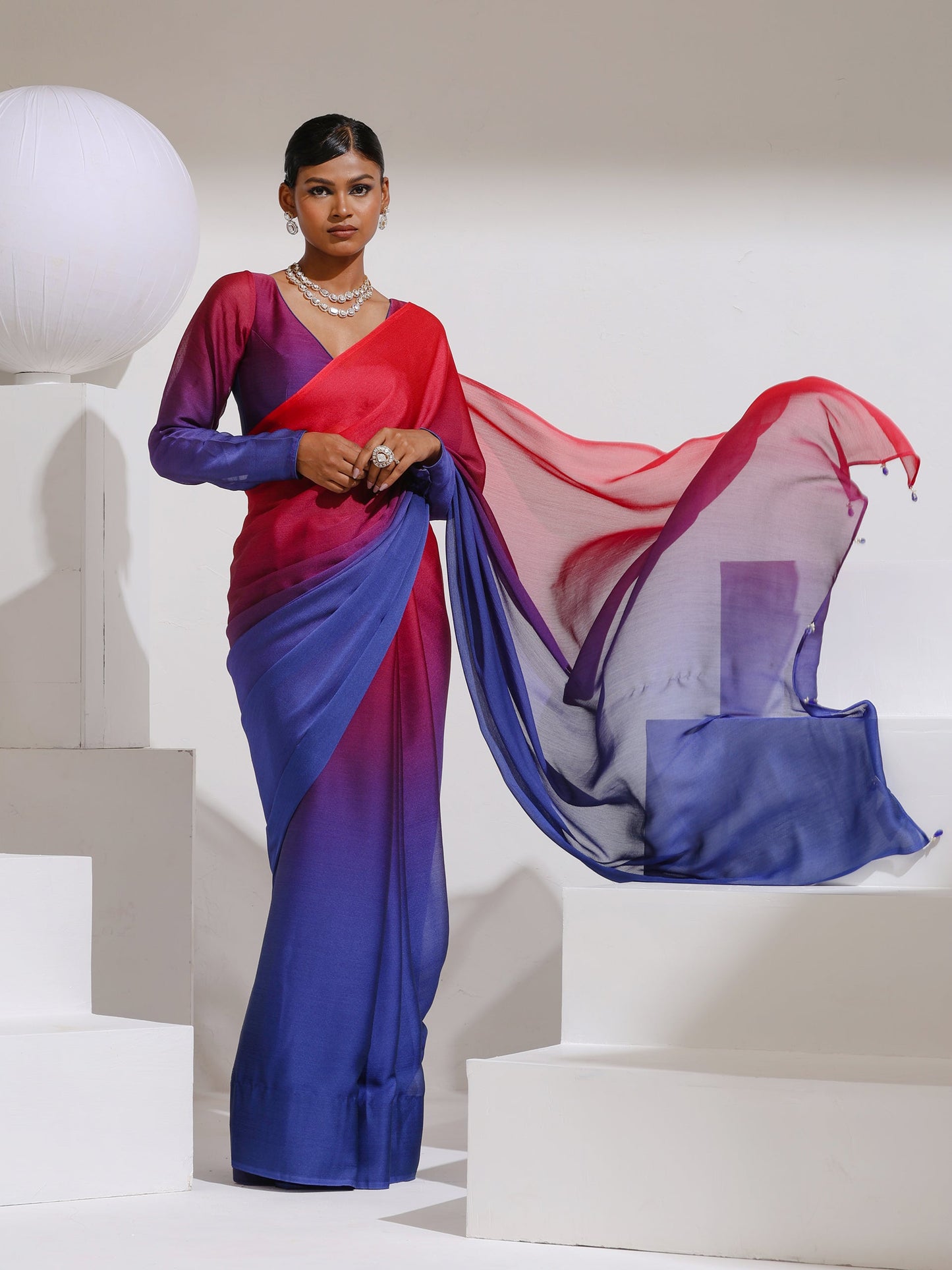 Dhiyona ST Red & Navy Chiffon Ombre Saree with Beads and Self-Blouse Fabric