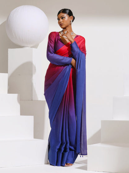 Dhiyona ST Red & Navy Chiffon Ombre Saree with Beads and Self-Blouse Fabric