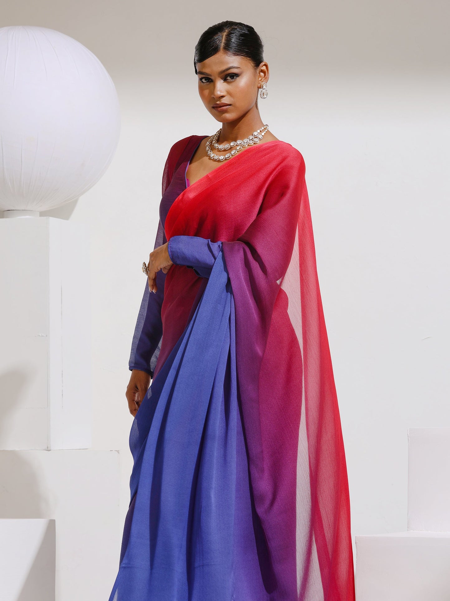 Dhiyona ST Red & Navy Chiffon Ombre Saree with Beads and Self-Blouse Fabric