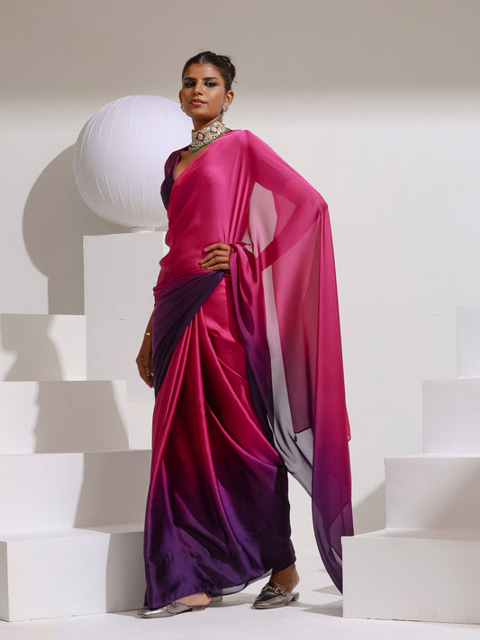 Dhiyona ST Pink & Purple Satin Chiffon Saree with Beads and Self-Blouse Fabric