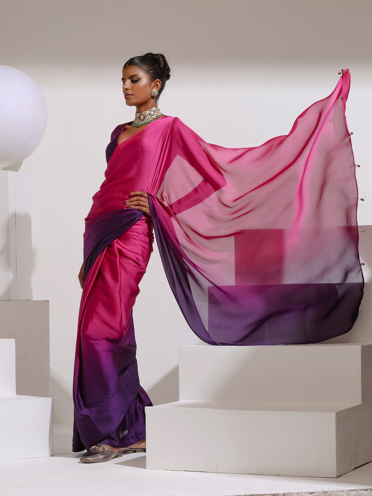 Dhiyona ST Pink & Purple Satin Chiffon Saree with Beads and Self-Blouse Fabric