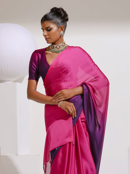 Dhiyona ST Pink & Purple Satin Chiffon Saree with Beads and Self-Blouse Fabric