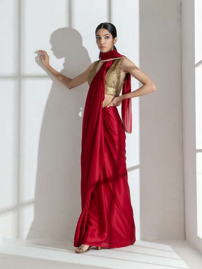 Dhiyona ST Milano Red Satin Saree with Diamond Lace With Red Blouse Fabric
