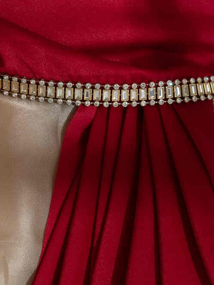 Dhiyona ST Milano Red Satin Saree with Diamond Lace With Red Blouse Fabric