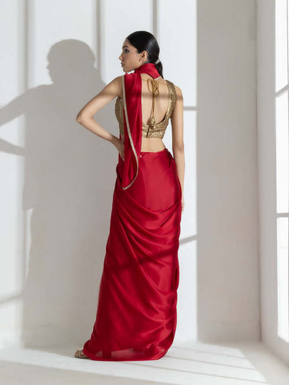Dhiyona ST Milano Red Satin Saree with Diamond Lace With Red Blouse Fabric