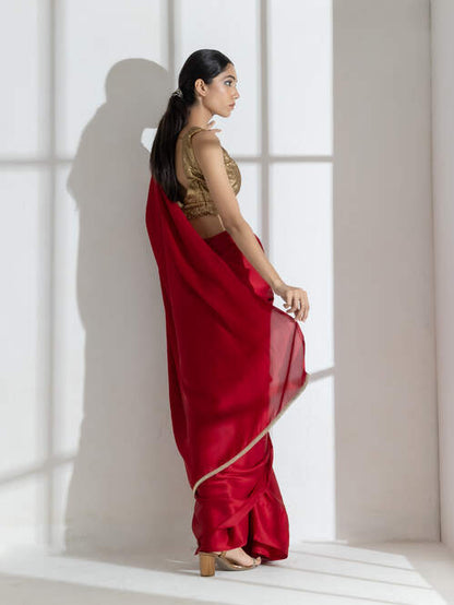 Dhiyona ST Milano Red Satin Saree with Diamond Lace With Red Blouse Fabric