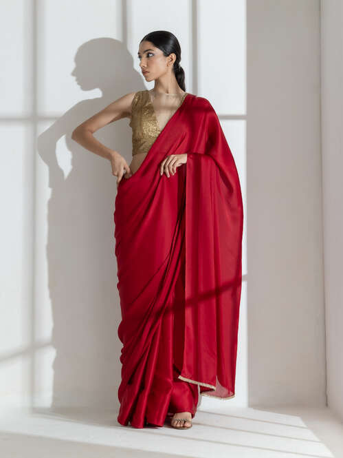 Dhiyona ST Milano Red Satin Saree with Diamond Lace With Red Blouse Fabric