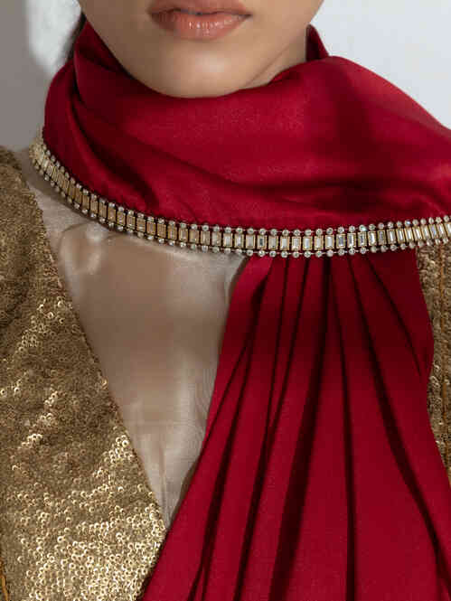 Dhiyona ST Milano Red Satin Saree with Diamond Lace With Red Blouse Fabric
