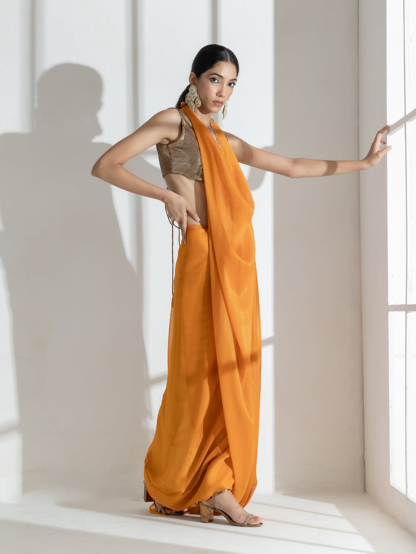 Dhiyona ST Tahiti yellow Gold texture Chiffon Saree with Beaded lace and Self Blouse Fabric